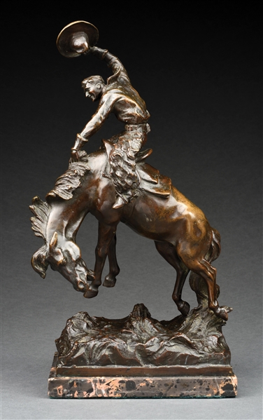 AFTER REMINGTON BY PROF. PALMIERI BRONZE COWBOY ON HORSE ON MARBLE BASE.