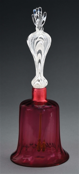 LARGE ANTIQUE VERTICAL RIPPLED CRANBERRY GLASS WEDDING BELL. 