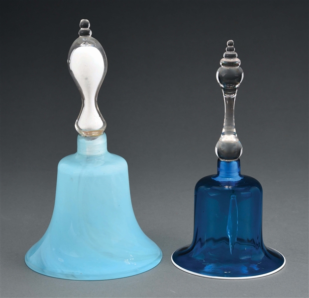 LOT OF 2: ANTIQUE BLUE GLASS WEDDING BELLS. 
