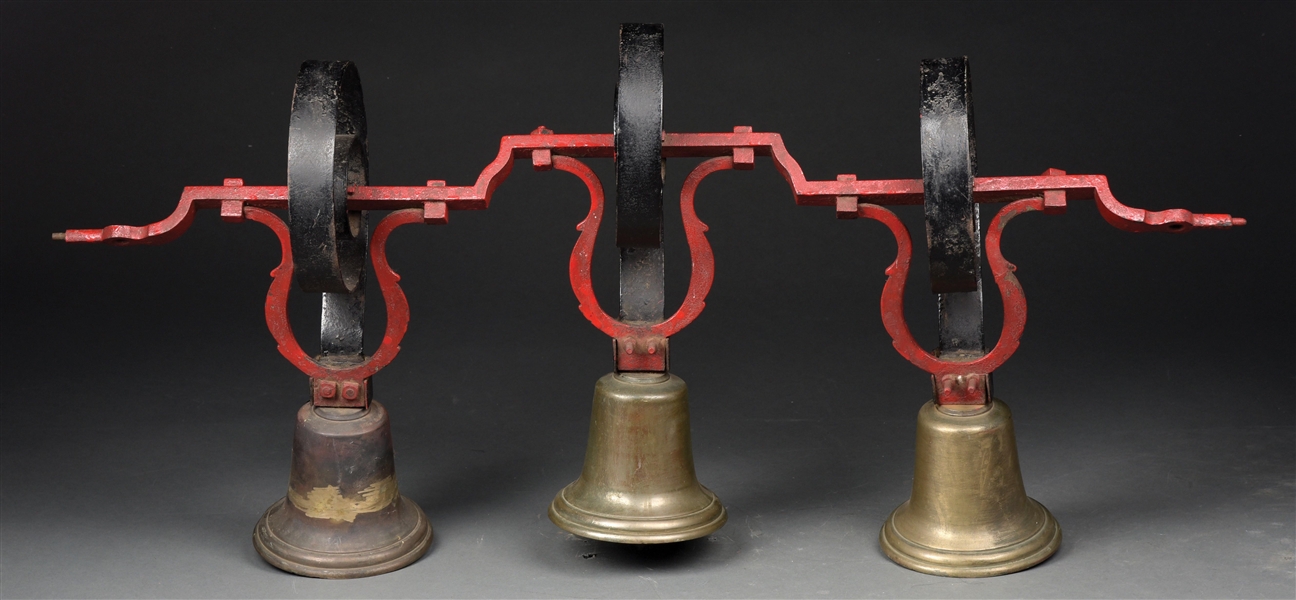 LARGE THREE BELL CAST IRON FIRE BELL RIG.