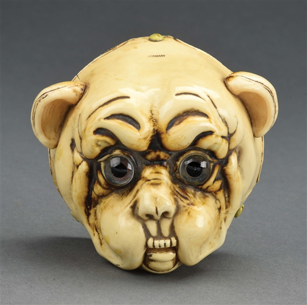 GERMAN BULLDOG SERVICE BELL WITH GLASS EYES.