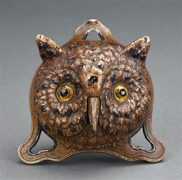D.R.G.M GERMANY FIGURAL OWL DESK WIND-UP BELL WITH ORIGINAL GLASS EYES.