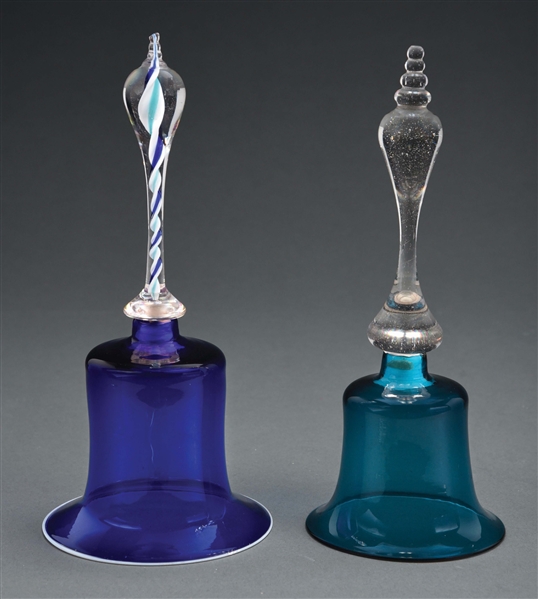 LOT OF 2: ANTIQUE BLUE GLASS WEDDING BELLS. 