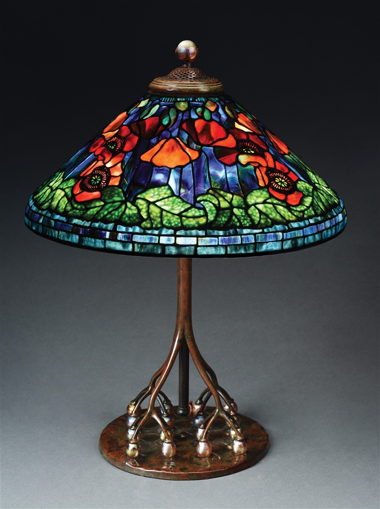 IMPORTANT TIFFANY STUDIOS POPPY LEADED GLASS TABLE LAMP.