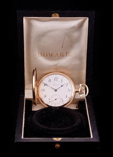 14K GOLD HOWARD H/C POCKET WATCH WITH CASE.