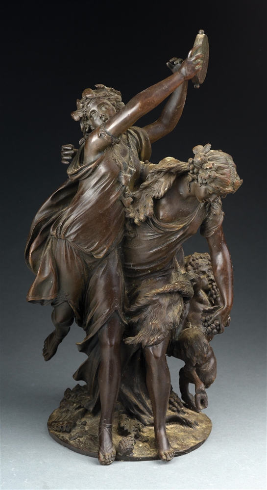 AFTER MICHAEL CLODION (FRENCH, 1738 - 1814) "BACCHANTES AND SATYR" BRONZE SCULPTURE.