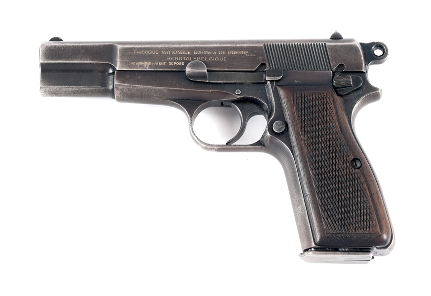 (C) WWII GERMAN OCCUPATION FABRIQUE NATIONALE HI POWER SEMI-AUTOMATIC PISTOL WITH CANADIAN CANVAS HOLSTER.