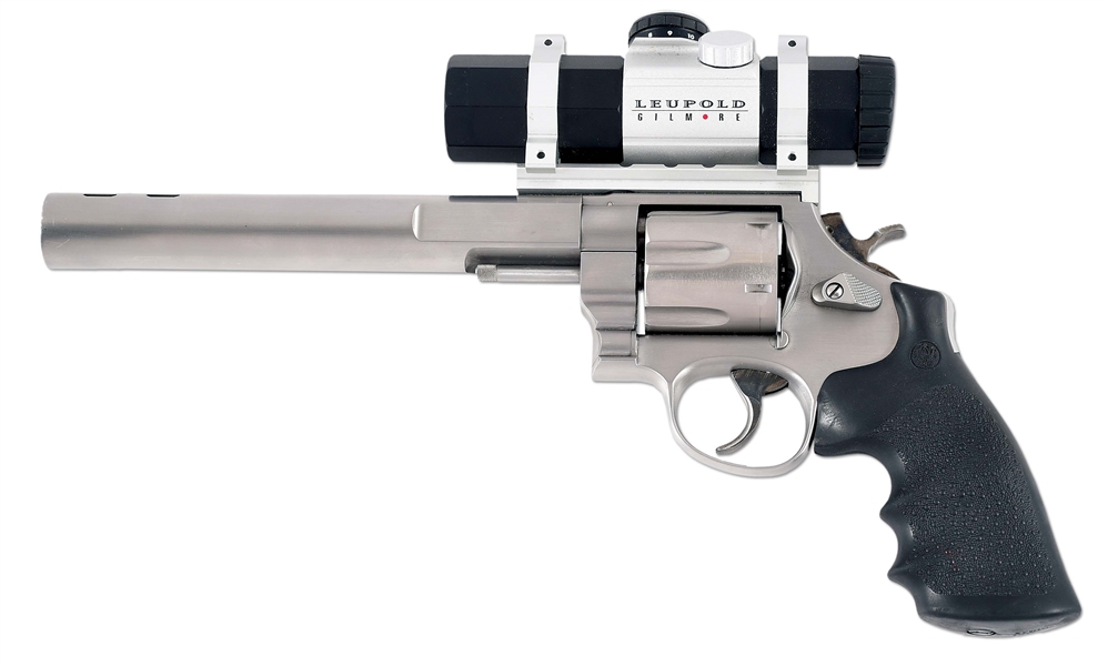 (M) STAINLESS STEEL SMITH & WESSON MODEL 629-4 DOUBLE ACTION REVOLVER WITH ACCESSORIES.