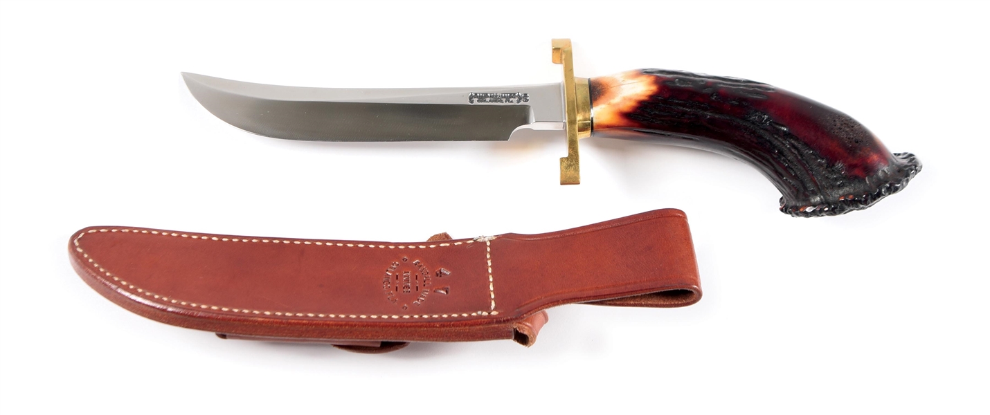 RANDALL NO. 4 STAG HANDLE KNIFE WITH SCABBARD AND WOOD CASE. 