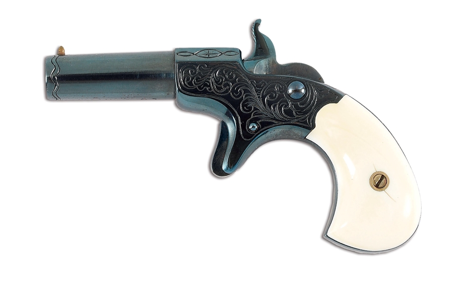 FANTASTIC MINIATURE REMINGTON-ELLIOT DERRINGER BY LARRY SMITH, CASED, WITH ACCESSORIES.