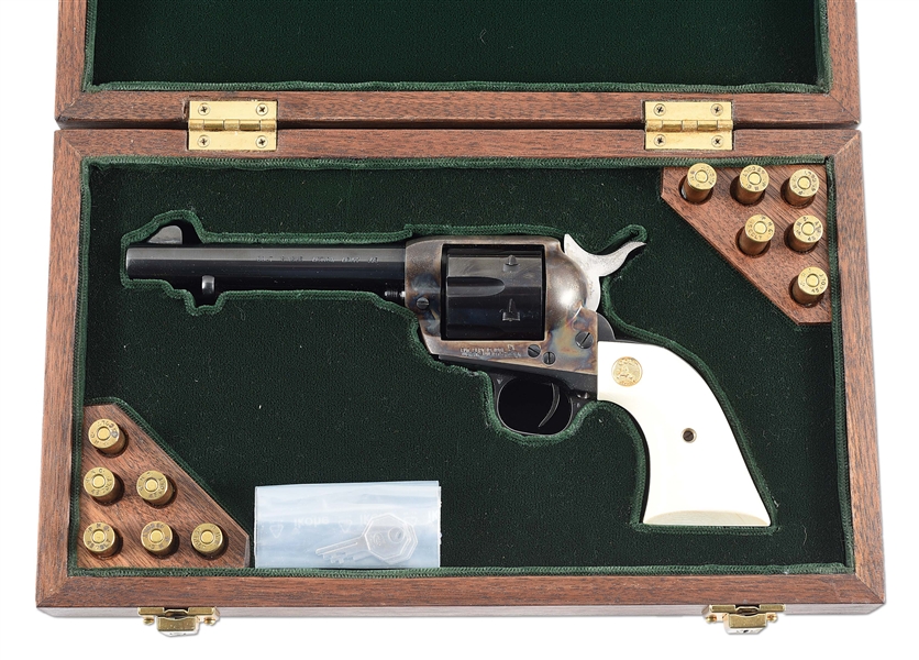 (C) THIRD GENERATION COLT SINGLE ACTION ARMY REVOLVER WITH IVORY GRIPS & CASE (1957).