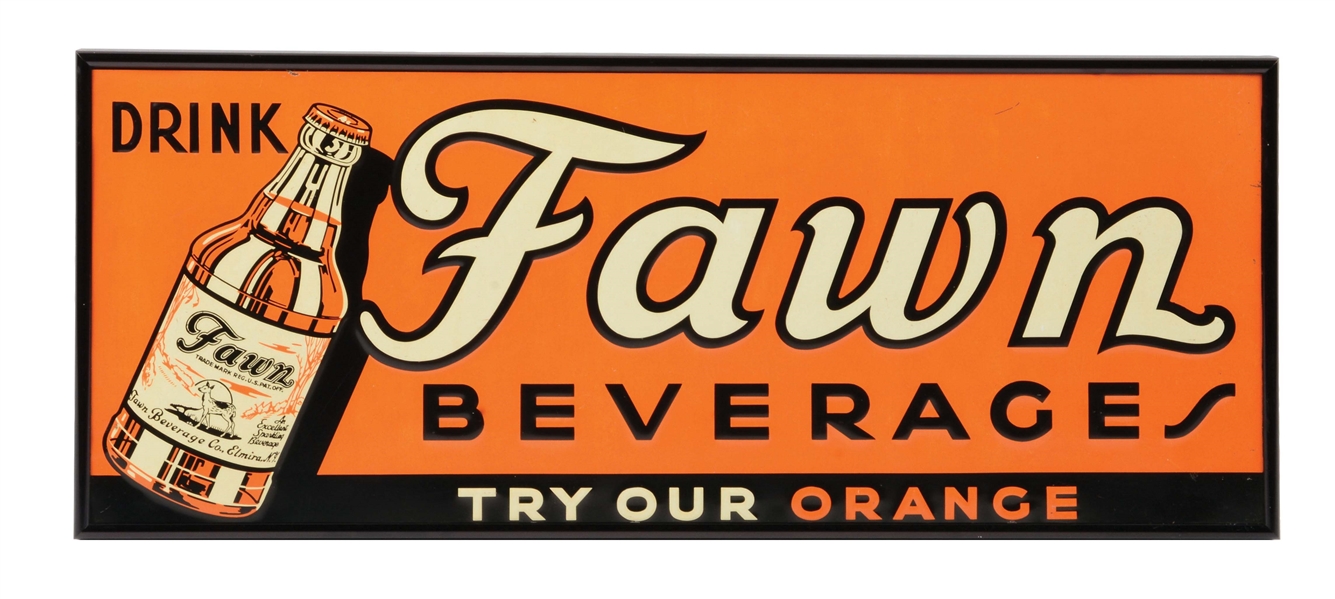 EMBOSSED TIN FAWN BEVERAGES SIGN.
