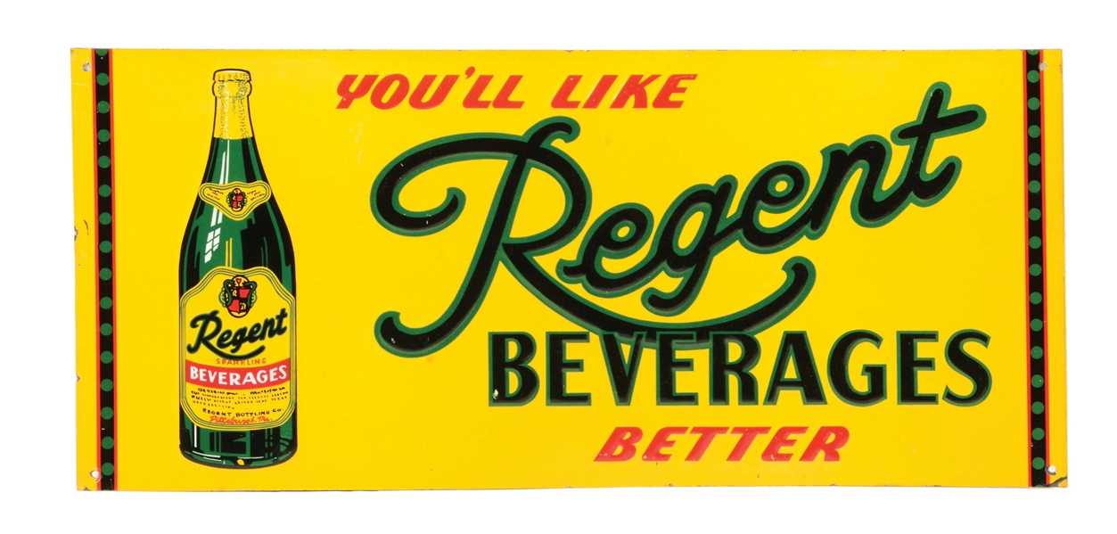 EMBOSSED PAINTED TIN REGENT BEVERAGES SIGN.
