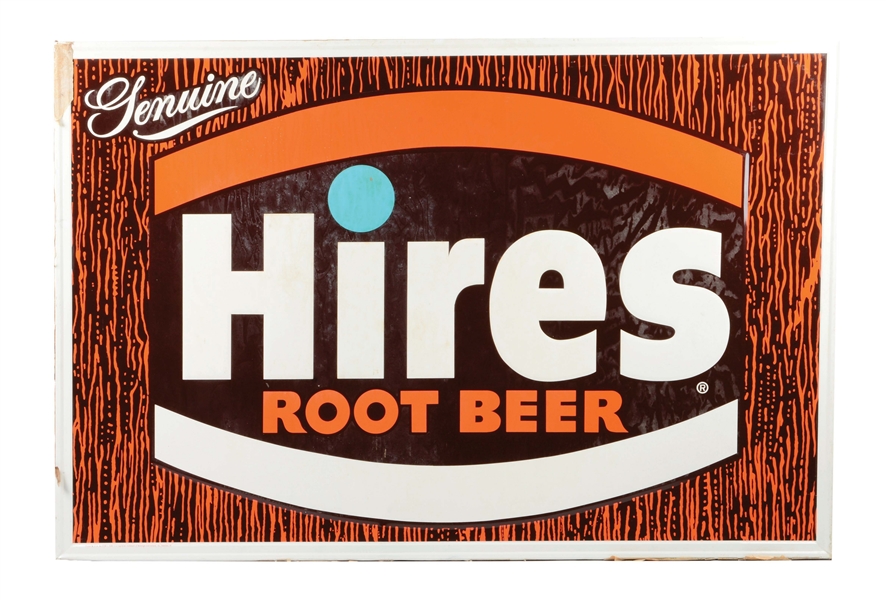 SELF FRAMED EMBOSSED TIN HIRES ROOT BEER SIGN.