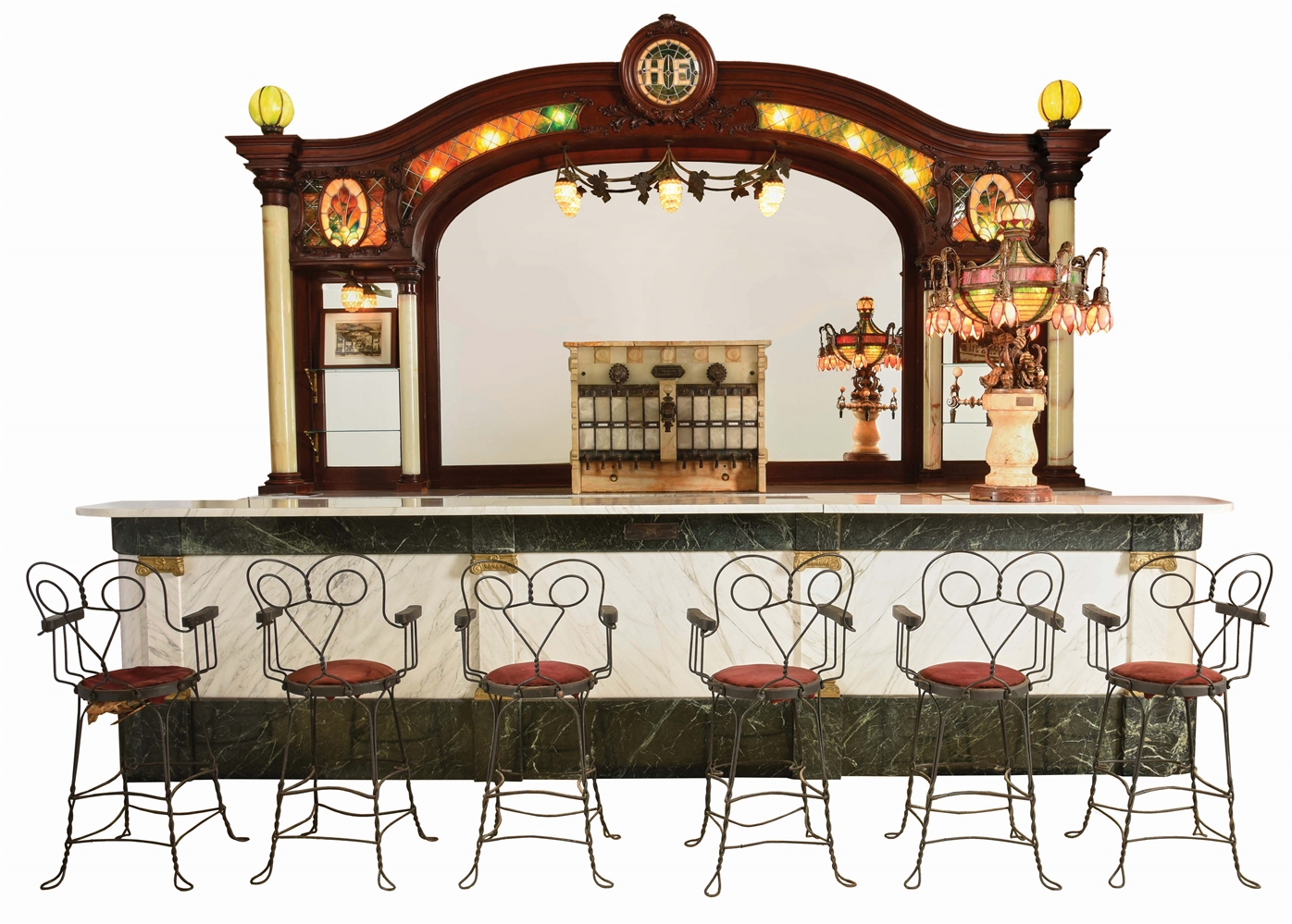 AMAZING 19TH CENTURY SODA FOUNTAIN FRONT AND BACKBAR WITH FOUNTAIN