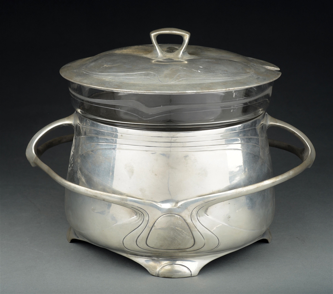 LARGE "OSIRIS" PEWTER AND ETCHED GLASS LIDDED PUNCH BOWL.