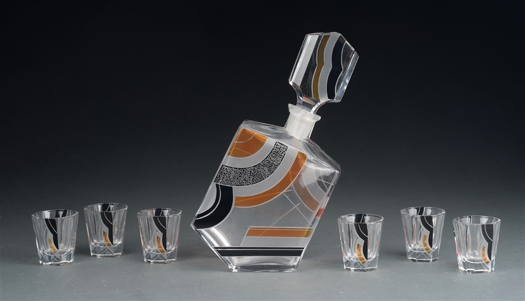 KARL PALDA CZECH ART DECO ENAMELED AND ETCHED DECANTER SET WITH 6 GLASSES.