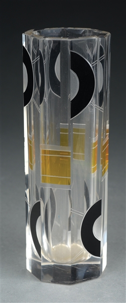 KARL PALDA CZECH ART DECO OCTAGONAL ENAMELED AND ETCHED GLASS VASE.