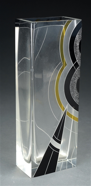 KARL PALDA CZECH ART DECO RECTANGULAR SHAPED ENAMELED AND ETCHED GLASS VASE.