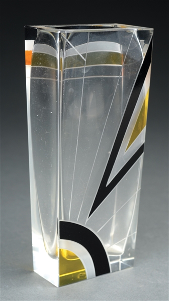 KARL PALDA CZECH TALL ART DECO RECTANGULAR-SHAPED ENAMELED AND ETCHED GLASS VASE.