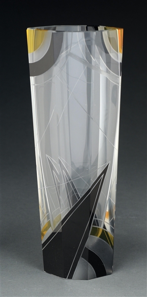 KARL PALDA CZECH ART DECO TALL OCTAGONAL ENAMELED AND ETCHED GLASS VASE.