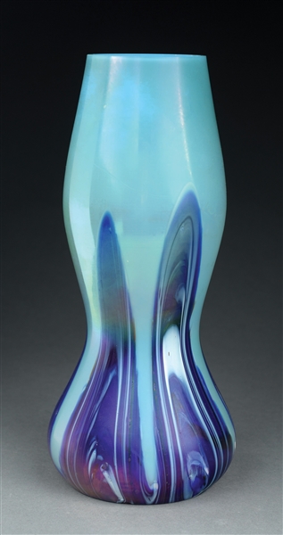 AUSTRIAN ART NOUVEAU UNDULATING GLASS VASE WITH BLUE AND LILAC DECORATION. 