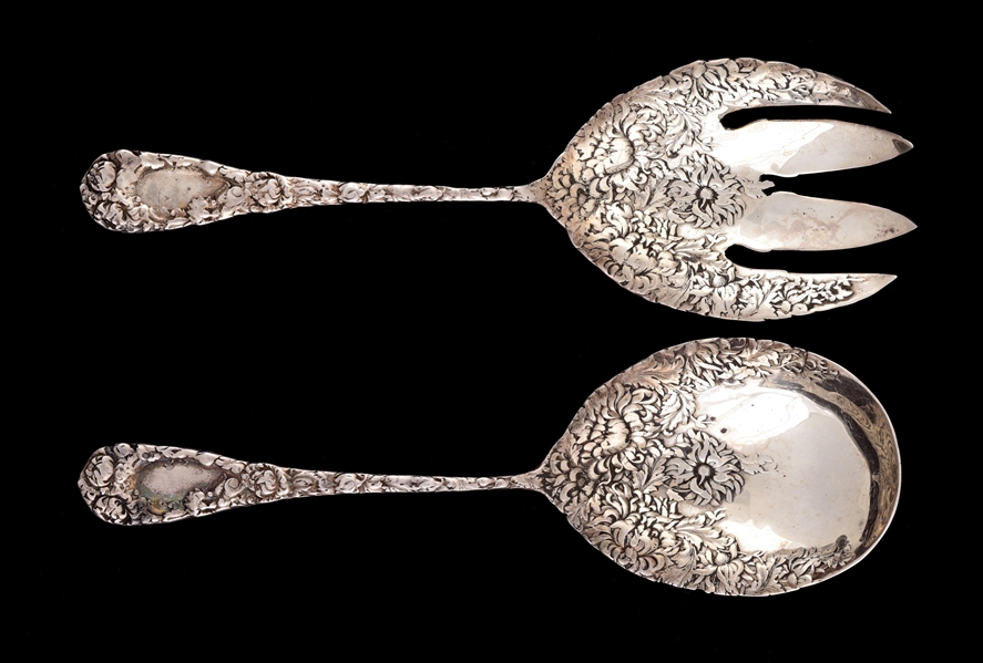 LOT OF 2: STERLING SILVER REPOUSSE CHRYSANTHEMUM SALAD SERVERS. 