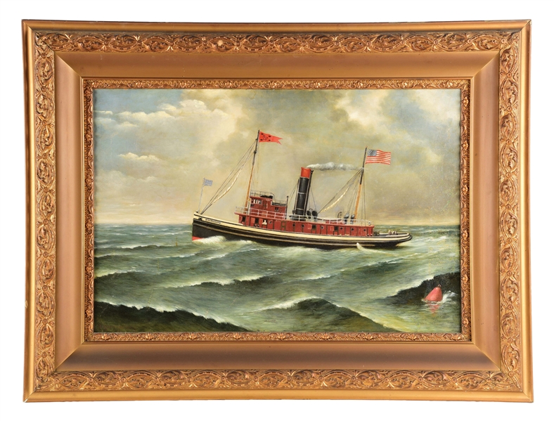 OIL ON CANVAS "WYOMISSING" AMERICAN SHIP SEASCAPE PAINTING.
