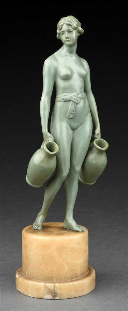 NUDE WOMAN WITH JUGS BRONZE SCULPTURE W/ GREEN PATINA ON MARBLE BASE.