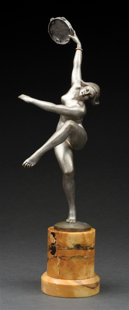 JEAN PIERRE MORANTE (FRENCH, 1882 - 1960) "WOMAN WITH TAMBOURINE" SILVERED BRONZE SCULPTURE ON MARBLE BASE.