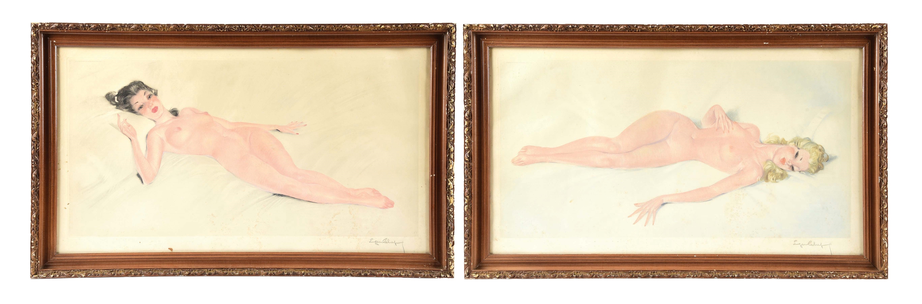 PAIR OF EUGENE LELIEPVRE (FRENCH, 1908 - 2013) PIN-UP BEAUTIES SIGNED IN PENCIL FRAMED LITHOGRAPHS.