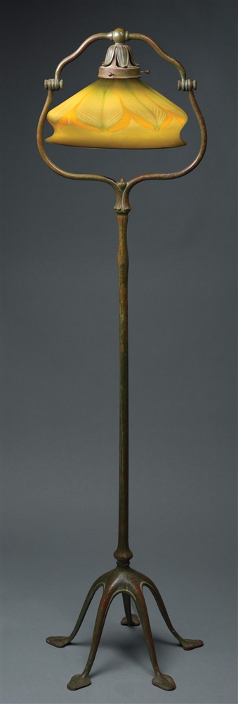 TIFFANY STUDIOS FLOOR LAMP WITH PULLED FEATHER FAVRILE SHADE.