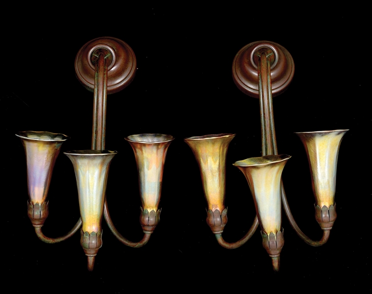 : PAIR OF TIFFANY STUDIOS WALL SCONCES WITH ART GLASS LILIES.