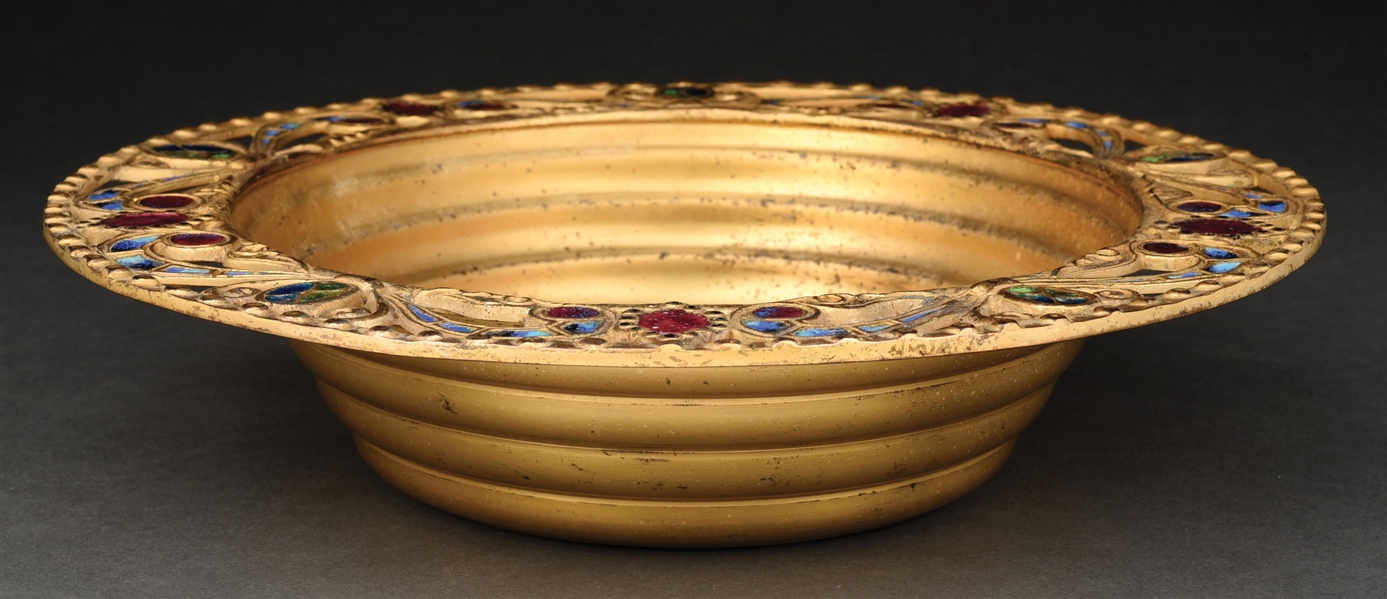TIFFANY STUDIOS BOWL WITH ENAMELED AND RETICULATED RIM.