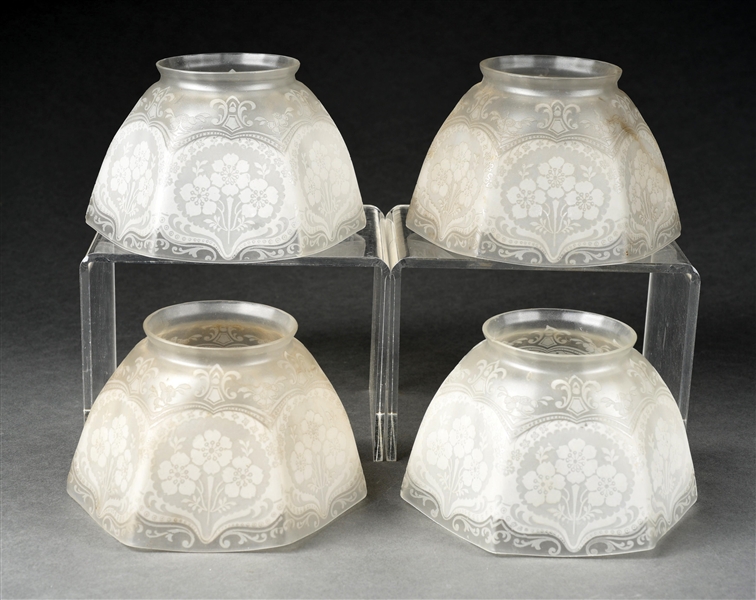 LOT OF 4: VICTORIAN CARVED AND ETCHED GLASS SHADES.