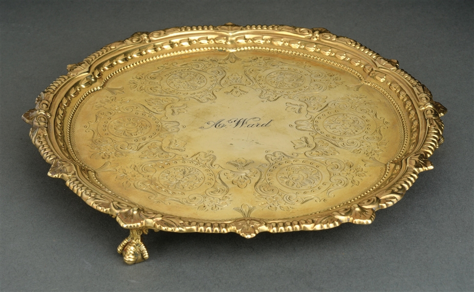 A. WARD GILDED STERLING SILVER FOOTED TRAY.