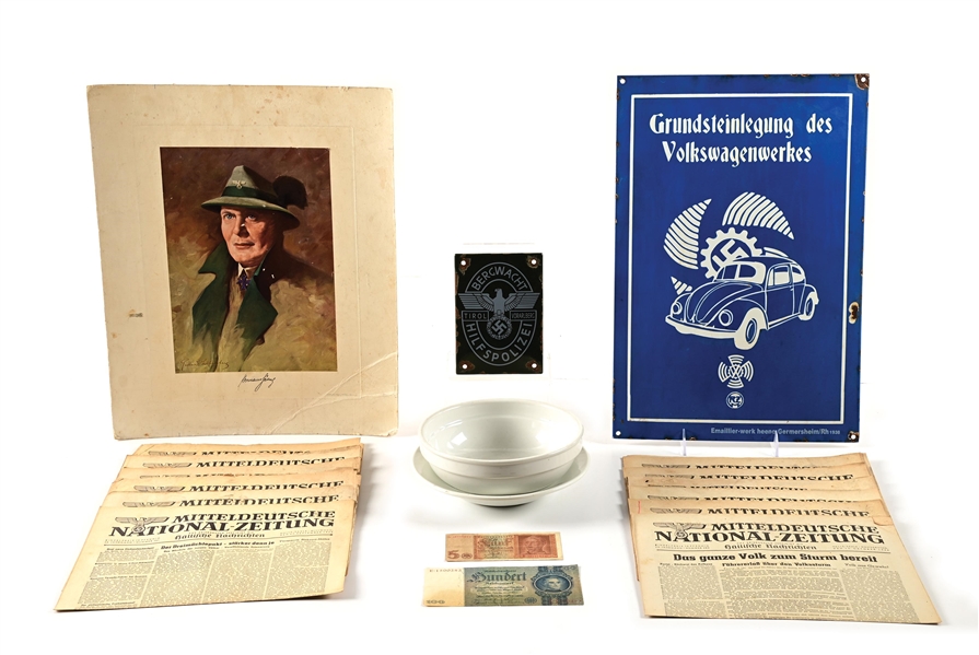 THIRD REICH PORCELAIN, HERMAN GORING PRINT, NEWSPAPERS, CURRENCY, AND BOWLS.