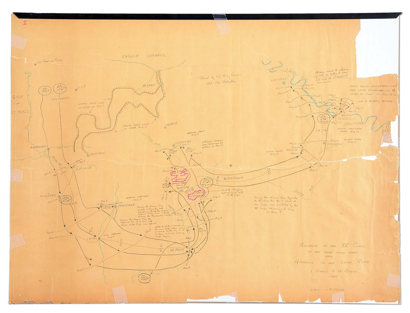 US WWII HAND DRAWN NORMANDY CAMPAIGN MAP DEPICTING THE ADVANCE OF XV CORPS, 1944.