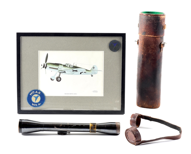 LOT OF 2: GERMAN WWII ME109 PRINT WITH FACTORY TAG AND PATCH AND A 1930S HUNTING SCOPE.