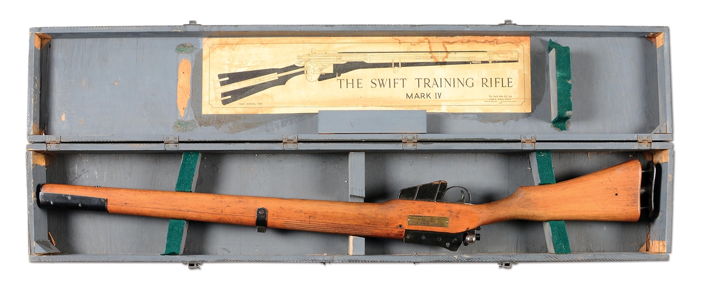BRITISH WWII RAF SWIFT MK IV TRAINING RIFLE WITH TRANSIT CHEST AND PAPER TARGET.