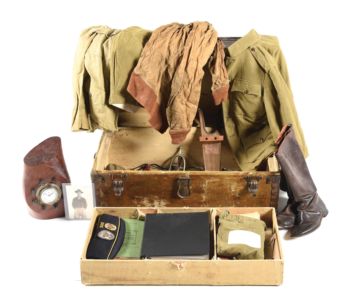 US WWI ARMY AIR SERVICE TIME CAPSULE PAINTED FOOTLOCKER, UNIFORM, PHOTO, AND DOCUMENT GROUPING.