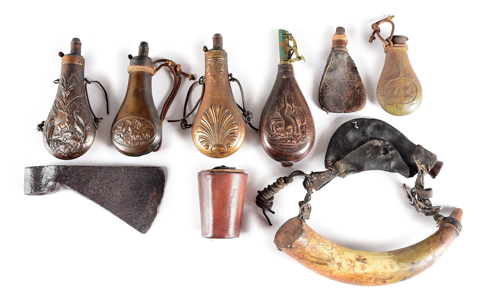 LOT OF 9: POWDER FLASKS, POWDER HORN, AND EARLY AXE HEAD.