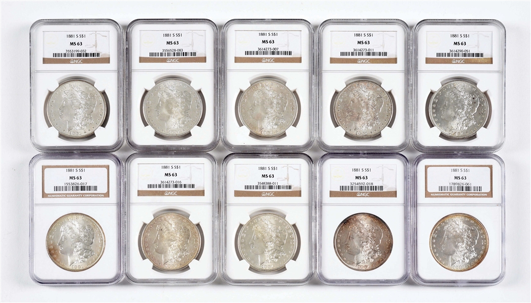 LOT OF 10: 1881-S MORGANS, MS63, GRADED BY NGC.