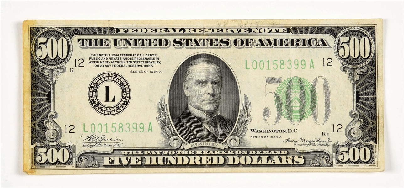 $500 PAPER CURRENCY FEDERAL RESERVE NOTE.