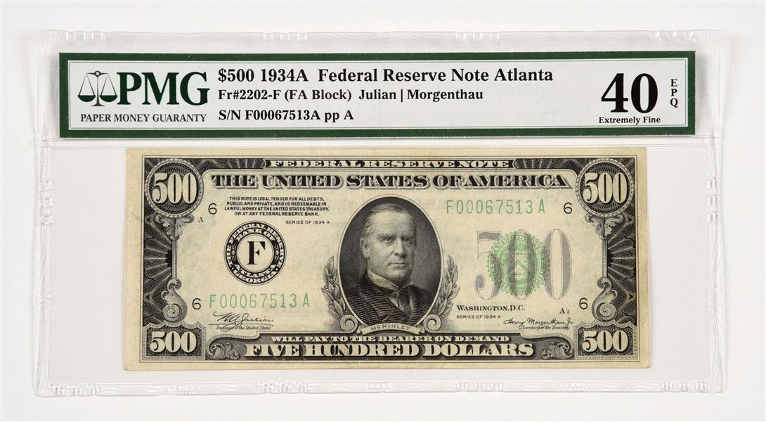 $500 1934A FR. 2202-F FEDERAL RESERVE NOTE.
