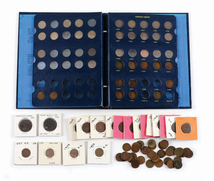 LOT OF 13: 2-CENT PIECES, 2 COLONIAL CENTS, 4 FLYING EAGLE CENTS, AND 71 INDIAN HEADS.