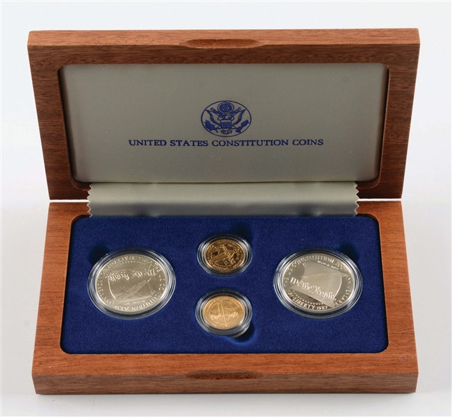 1987 U.S. CONSTITUTION 4 COIN SET IN WOODEN BOX.