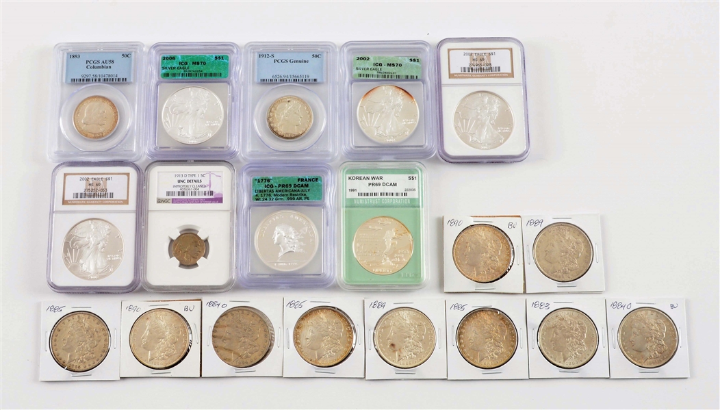 LOT OF 10: MORGAN SILVER DOLLARS, 4 AMERICAN EAGLES, AND OTHERS.