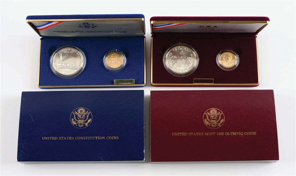 LOT OF 2: SETS OF COMMEMORATIVE SILVER DOLLARS AND $5 GOLD COINS.