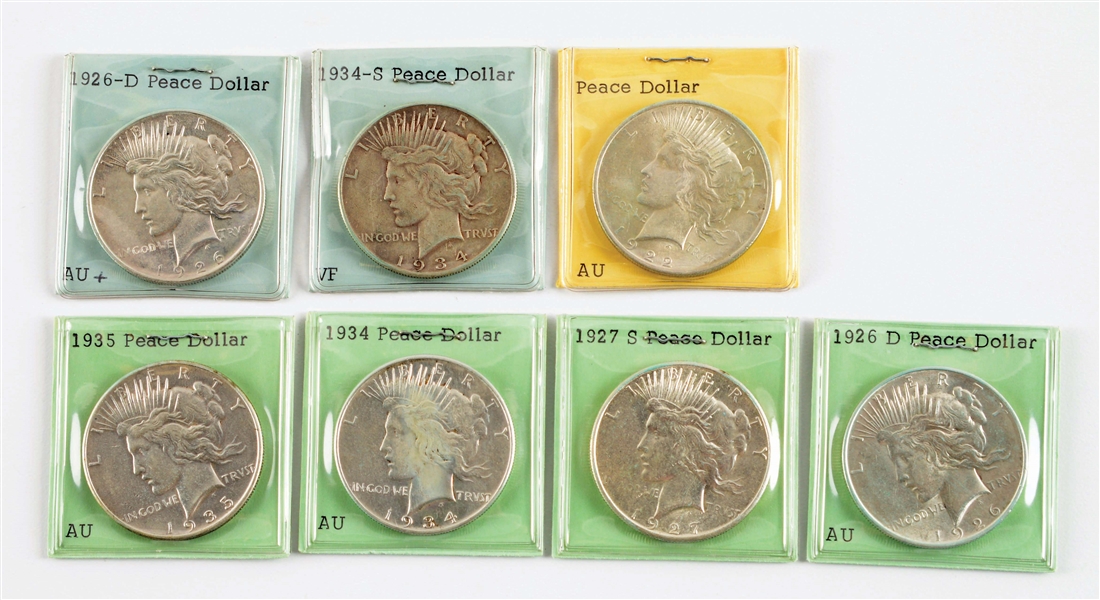 LOT OF 7: PEACE SILVER DOLLARS, NOT GRADED.